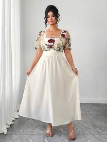 Elenzga Vestido de manga abullonada con cuello cuadrado, cintura ceñida y bordado floral elegante y romántico en malla para mujer de talla grande, para primavera/verano - Blanco - Ver 4