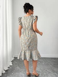 Elenzga 大码女士优雅复古提花方领修身中长连衣裙，泡泡袖，春夏款 - 彩色 - 查看 2