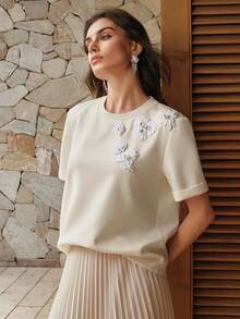 Anewsta Women's Short Sleeve Fashionable Minimalist Round Neck French Embroidery T-Shirt - Apricot - View 7