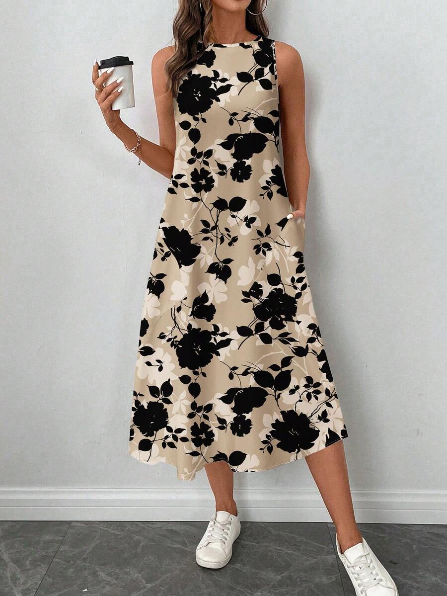 SHEIN LUNE 女士休闲复古杏色印花中长连衣裙，适合春夏穿着 - 彩色 - 查看 1