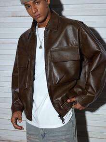 Modcrash Men's Long Sleeve Spring/Autumn Casual Loose-Fit Lapel Motorcycle Leather Jacket - Coffee Brown - View 4