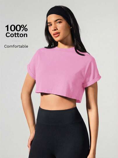 Fluxe Solid Color Knit Round Neck Loose Cropped Casual Women T-Shirt
