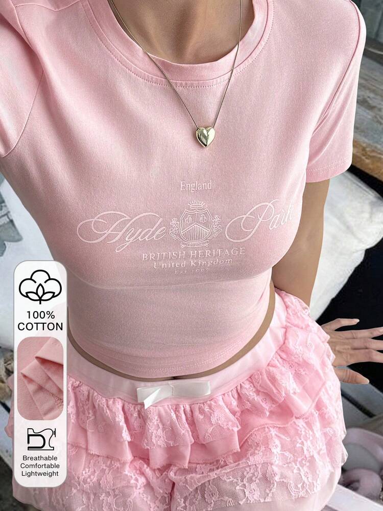 Women's Casual Round Neck Short Sleeve Letter Print T-Shirt Y2k Summer