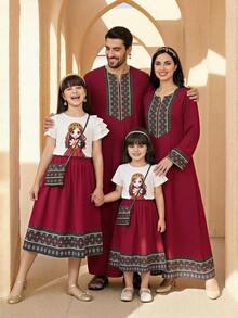 Set de 2 piezas: Bata con mangas de linterna con estampado de dibujos animados para niñas preadolescentes, conjunto de top con cuello Peter Pan de estilo medio oriental impreso y vestido rojo con estampado de patchwork, con mochila de dibujos animados, conjunto de vestido de verano cómodo - Burdeos - Ver 1