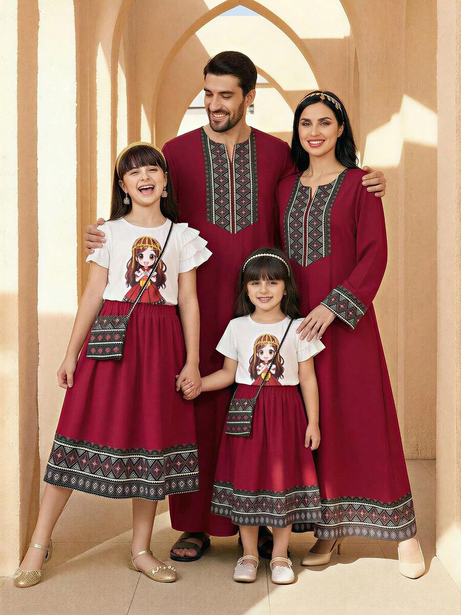 Set de 2 piezas: Bata con mangas de linterna con estampado de dibujos animados para niñas preadolescentes, conjunto de top con cuello Peter Pan de estilo medio oriental impreso y vestido rojo con estampado de patchwork, con mochila de dibujos animados, conjunto de vestido de verano cómodo - Burdeos - Ver 1