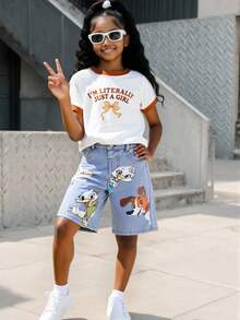 Kleine Mädchen Retro Verwaschen Weite Passform Weite Bein Denim-Shorts, Lässig & Vielseitig, Geeignet für den täglichen Gebrauch - Helle Waschung - Übersicht 8