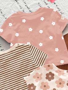 Set de 3 camisetas de manga corta de cuello redondo a juego con estampado floral en crema blanco, rayas marrones y rosa, adecuadas para uso diario, en casa, vacaciones, combinación, comodidad, capas para niñas, ropa gráfica floral para niños, elegante otoño, moda invierno, nuevo estilo, relajado - Multicolor - Ver 6
