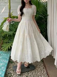 DAZY Women's Embroidered Puff Sleeve Midi Dress, Elegant Waist Cinched, Suitable For Dates And Parties Wedding Guest Dress - White - View 8