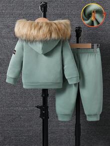 SHEIN Toddler Boys' Hooded Top With Embossed Chest And Furry Collar, Matching Casual Pants, Fashionable And Versatile, Suitable For Autumn/Winter - Mint Green - View 3