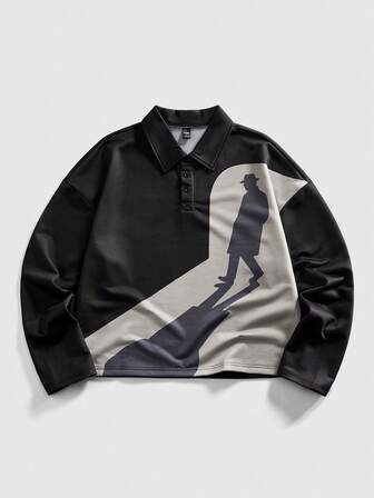 Street Life Men's Colorblock Graphic Print Casual Long Sleeve Polo Shirt