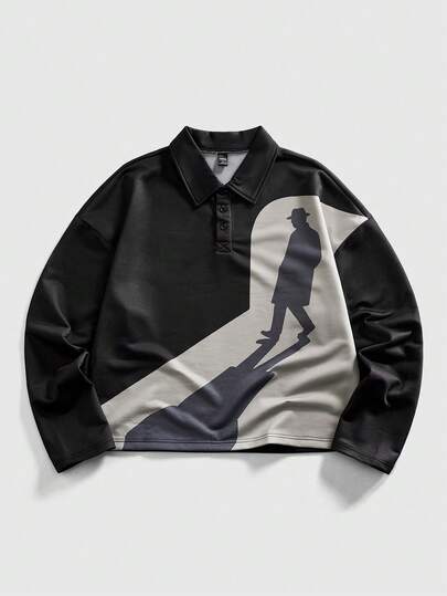Street Life Men's Colorblock Graphic Print Casual Long Sleeve Polo Shirt