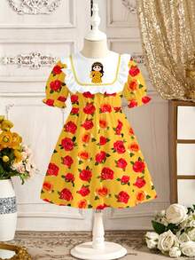 SHEIN 可爱甜美的卡通女孩印花，公主风，玫瑰印花图案，少女休闲连衣裙，适合春夏穿着 - 彩色 - 查看 2