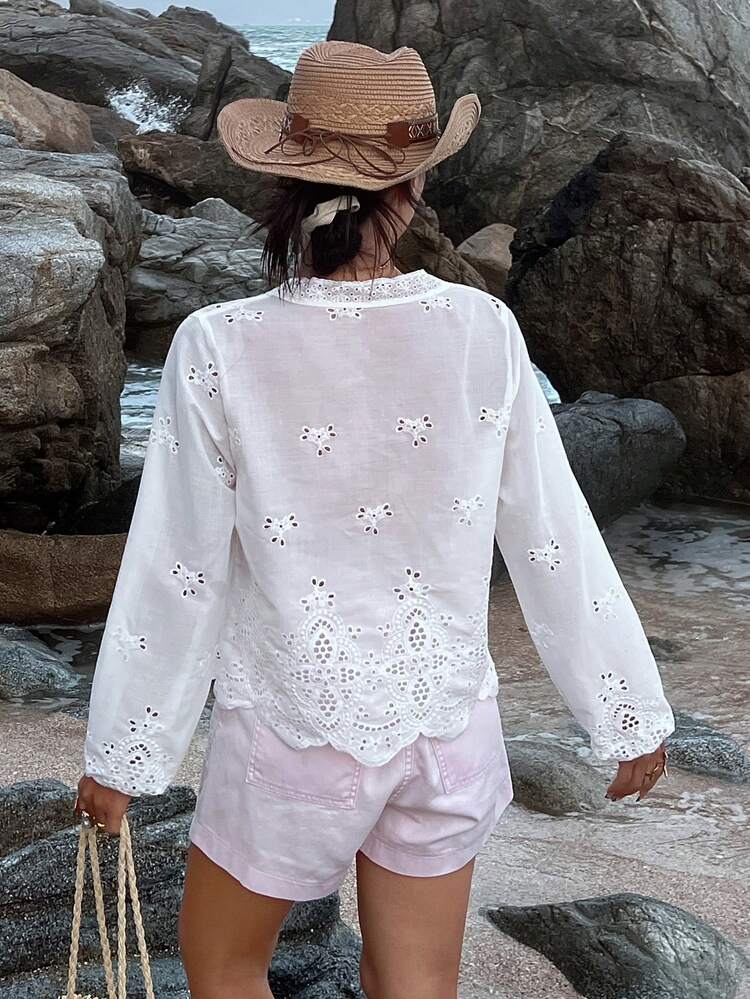 Lace Patchwork Loose Vacation Blouse For Women Long Sleeve