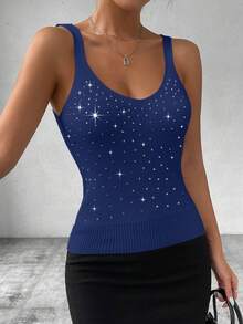EMERY ROSE Women's White Rhinestone Embellished Camisole Knit Top - Navy Blue - View 4