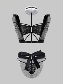 SHEIN 男士黑白女仆装蕾丝套装，含领结、吊袜带和荷叶边网纱，性感三件套 - 黑與白 - 查看 2