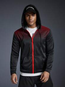 Driftmere Men's Casual Gradient Polka Dot Print Kangaroo Pocket Zip-Up Hoodie, Long Sleeve Top - Black - View 8