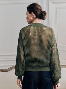 Anewsta Women's Casual Commuting Dropped Shoulder Loose Sheer Open Knit Zip-Up Cardigan - Cadet Blue - View 3