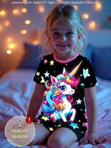 Toddler Girls' Cute Unicorn Print Colorful Star Glow-In-The-Dark Contrast Trim Knit Pajama Set, Comfortable Casual Short Sleeve Top And Shorts Two Pieces Sleepwear - Multicolor - View 1