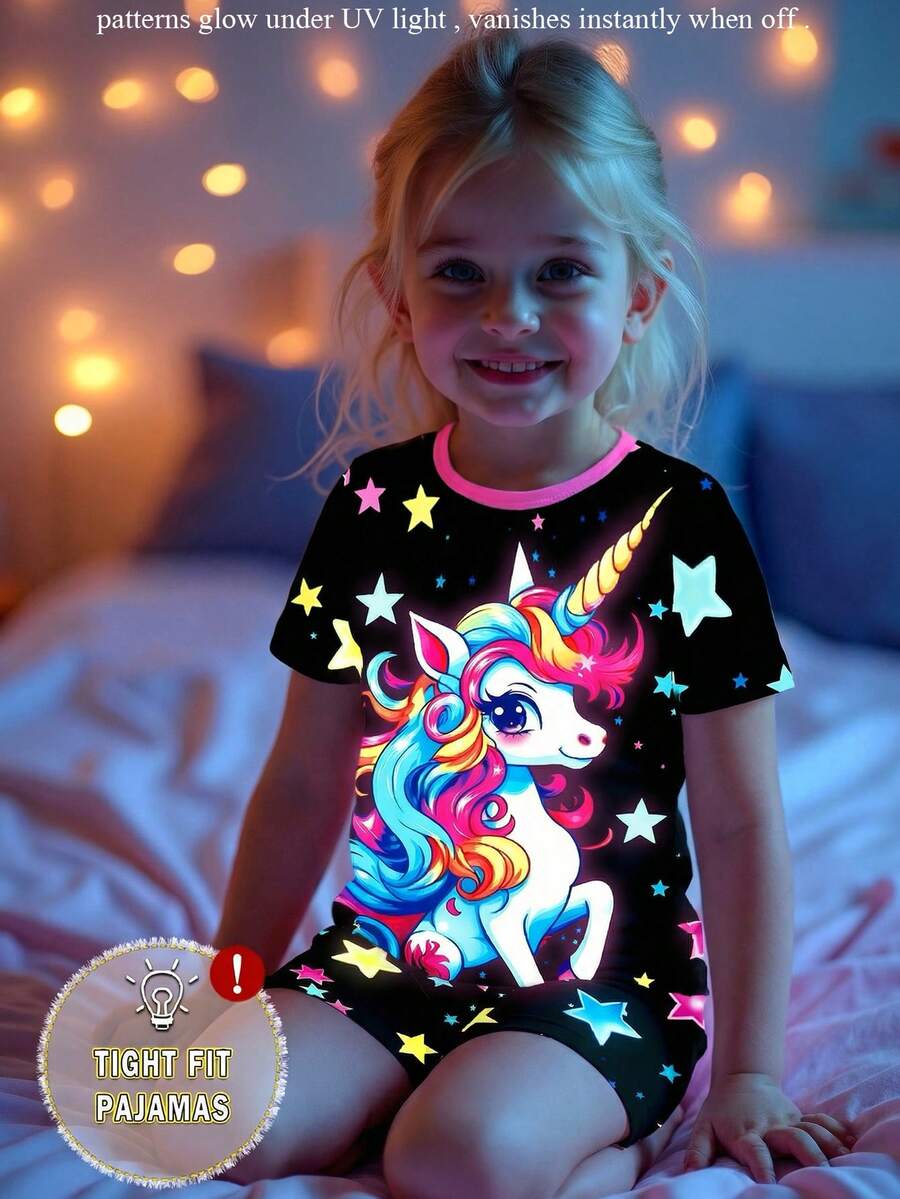 Toddler Girls' Cute Unicorn Print Colorful Star Glow-In-The-Dark Contrast Trim Knit Pajama Set, Comfortable Casual Short Sleeve Top And Shorts Two Pieces Sleepwear - Multicolor - View 1