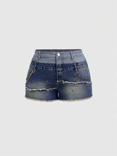 ROMWE Grunge Punk 大码女式双腰带口袋毛边牛仔短裤