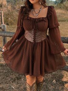 Ceyna Plus Size Cinched Waist Ruffle Flare Sleeve A-Line Jacquard Dress - Brown - View 1