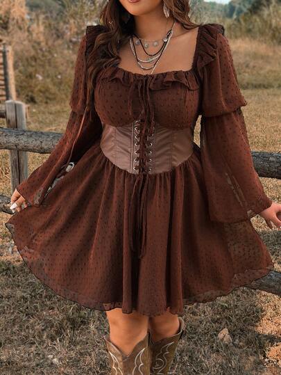 Ceyna Plus Size Cinched Waist Ruffle Flare Sleeve A-Line Jacquard Dress