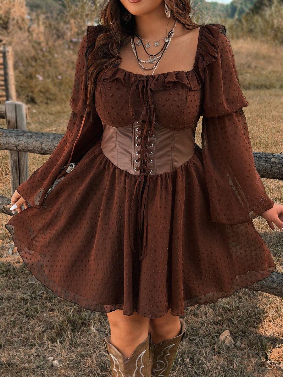 Ceyna Plus Size Cinched Waist Ruffle Flare Sleeve A-Line Jacquard Dress - Brown - View 1