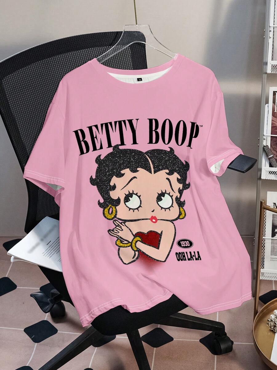 Betty Boop x SHEIN 大码女式休闲卡通人物字母印花落肩宽松短袖T恤，夏季 - 白色 - 查看 1