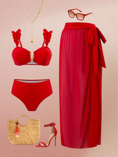 Swim Oasis 2pcs/Set Plus Size Women's New Year Fashion Holiday Summer Red Solid Color Tankini Swimsuit + Wrap Skirt 3-Piece Beach Outfit