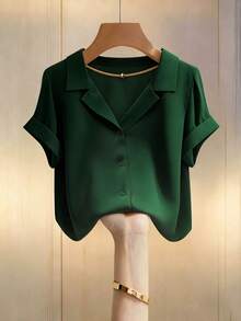 Franclia Elegant Commuter Versatile Blazer Collar Short Sleeve Green Women Shirt - Green - View 3