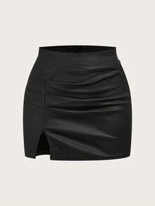 Flirla Women's Elastic Fitted Elegant Black Coated Pencil Skirt - Black - View 8