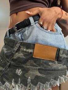 SHEIN Women's Camouflage Print Wrap Fringe Hem Fashionable Denim Mini Skirt Jean Skirt Y2k Grunge Clothes Army Skirt Skirt Shorts - Multicolor - View 4