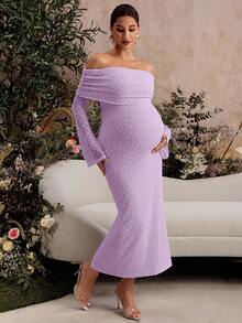 MaterniChic Đầm bầu trễ vai thanh lịch, chất liệu có họa tiết, thích hợp cho mùa thu. - Màu tím hoa cà - Xem 6