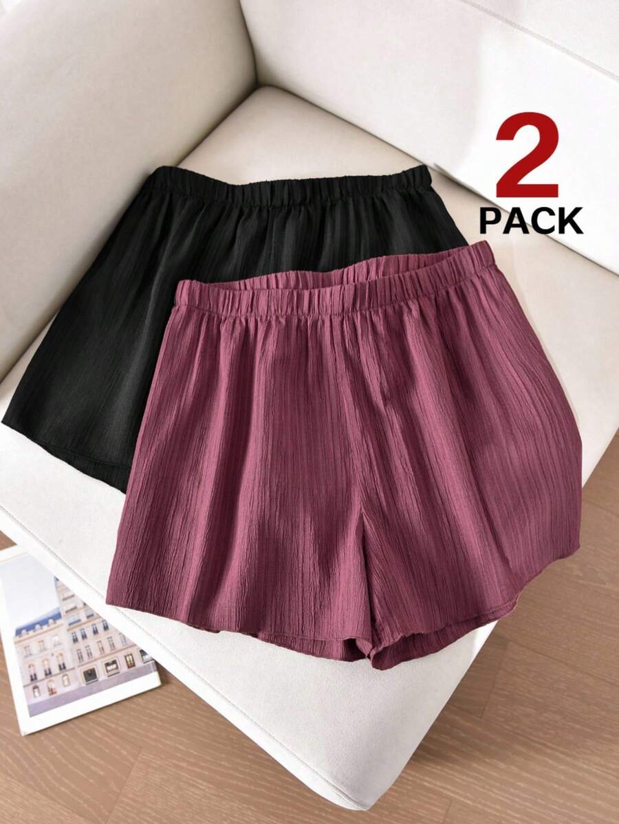CosyJoli Conjunto de 2 piezas de shorts casuales con textura en negro y rojo rosa para mujer de talla grande, ideal para la primavera - Multicolor - Ver 1
