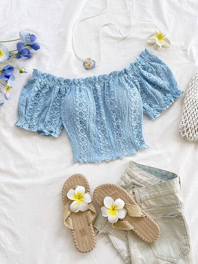 Soleia Off-Shoulder Ruffle Hem Elastic Cropped T-Shirt, Short Sleeve, Versatile, Puff Sleeve, Brunch Outfit, Boho Style, Easter, Summer, Music Festival, Airport, Vacation, Casual, Sky Blue, Beach, Western Style Baby Blue Tops Blue Off Shoulder Crop Top Shirred Off Shoulder Top,Carnival