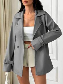 SHEIN Women Solid Color Button Detailed Trench Coats - Light Grey - View 3