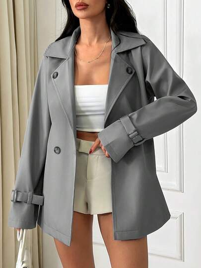 SHEIN Women Solid Color Button Detailed Trench Coats