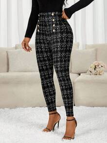 SHEIN Tall CURVE 大码女式休闲/办公通勤格子印花金色纽扣装饰修身高腰裤，适合日常生活、通勤、上学、教师、会议、外出、休闲等场合，高腰设计，春季女装，情人节，女士休闲装，黑色裤子 - 彩色 - 查看 4