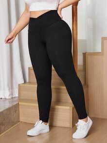SHEIN Tall CURVE 大码女式纯色不对称腰带休闲百搭日常黑色打底裤高腰无缝打底裤，舒适紧身春季女装 - 黑色 - 查看 7