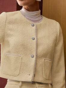 MOTF PREMIUM ELEGANT FAUX PEARL BEADED LACE PATCHWORK BOXY JACKET - Apricot - View 8