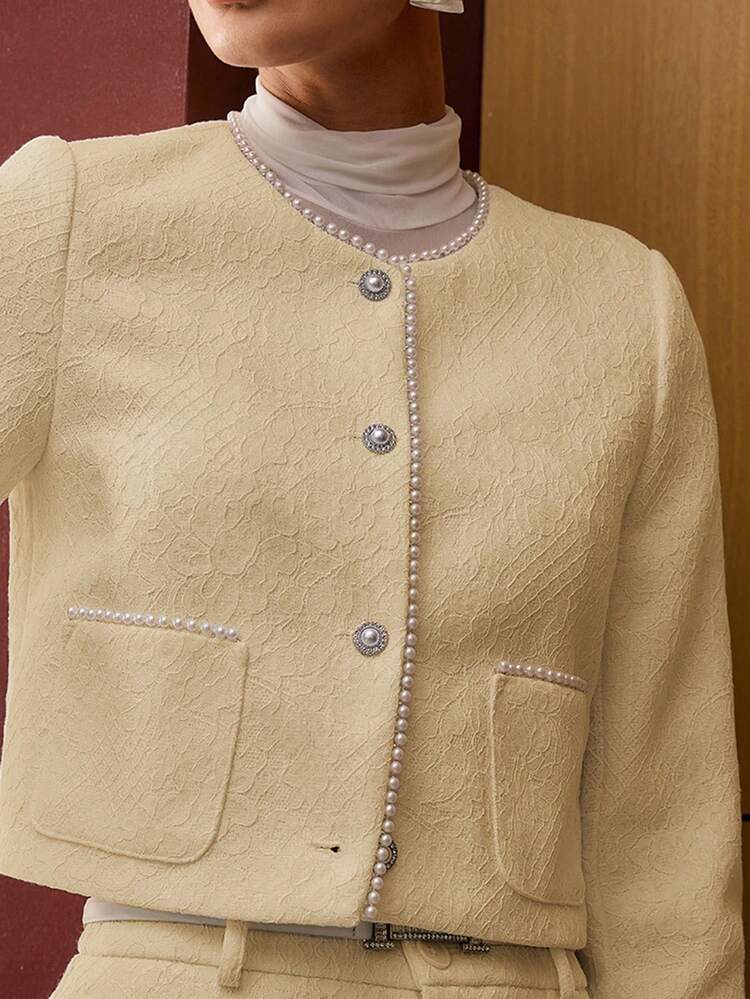 エレガントな人工真珠ビーズレースパッチワークボックスジャケット
