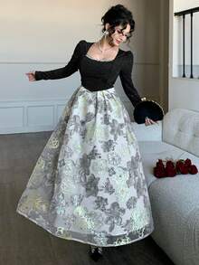 DAZY 春夏水钻亮片印花连衣裙，优雅修身中长连衣裙，适合情人节、婚礼、派对、正式场合，黑色印花长袖连衣裙，婚礼宾客礼服/吊带裙 - 黑色 - 查看 2