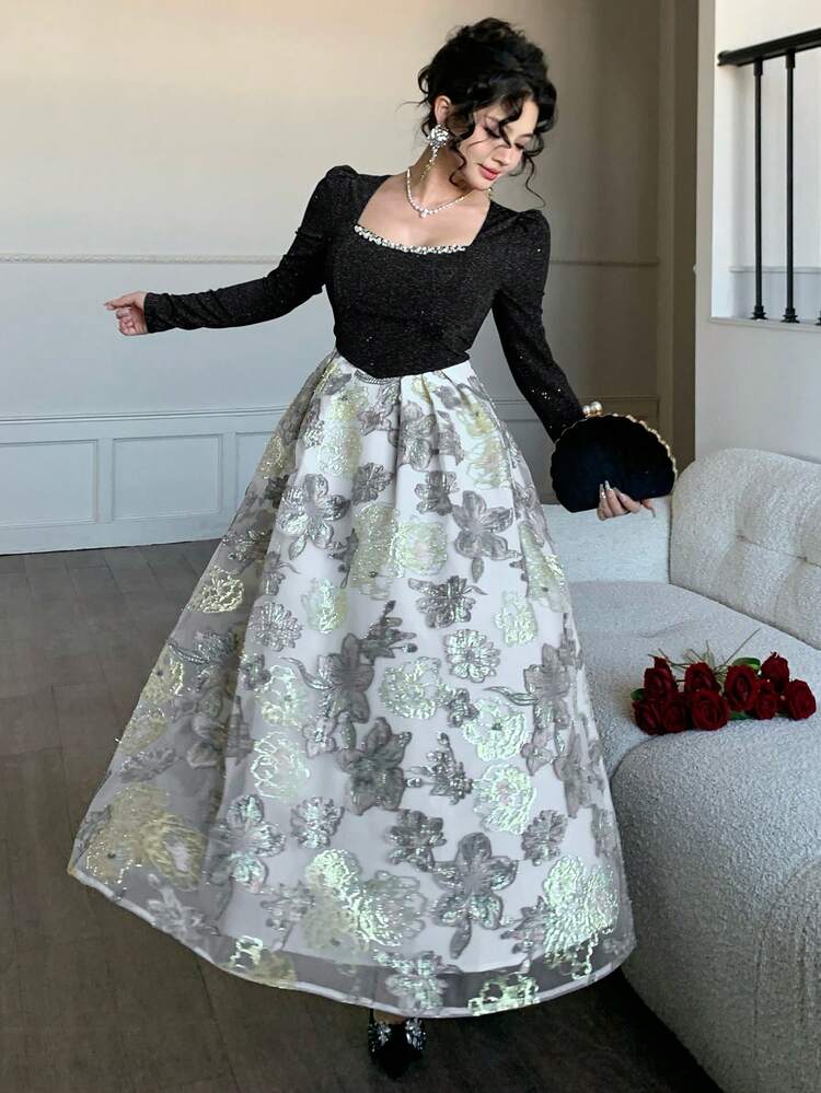 Spring & Summer Rhinestone Sequin Floral Print Dress, Elegant Fitted Midi Dress For Valentine's Day, Wedding, Party, Formal Occasion, Black Floral Long Sleeve Dress Wedding Guest Dress Sundress