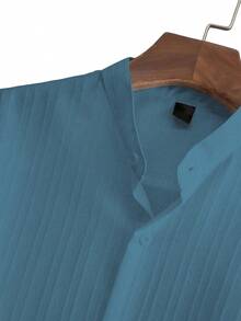 Manfinity Homme 2pcs Men Casual Solid Color Textured Short Sleeve Shirt And Drawstring Waist Loose Straight-Leg Pant Set,Men Two Pieces Outfits,Fall And Winter Men Clothes,White Set - Dusty Blue - View 3