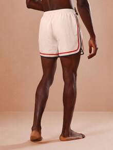 SUMWON Regular Curved Hem Beach Shorts With Contrast Piping And Logo Detail For Summer Vacation Swimwear - Beige - View 4