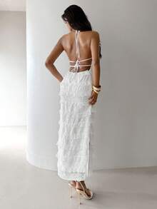 Aloruh Abito bianco in pizzo con scollo alla halter, adatto per feste e occasioni serali - Bianco - Visualizzare 6
