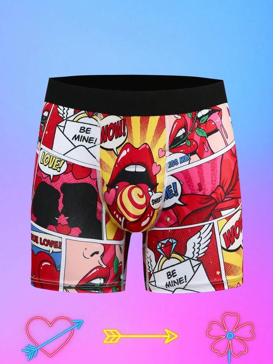 Notgurli Valentine's Day Funny Print Cartoon Graffiti Comic Street Style Family Party Men's Boxer Briefs, Mid-Length Trunks - Multicolor - View 1