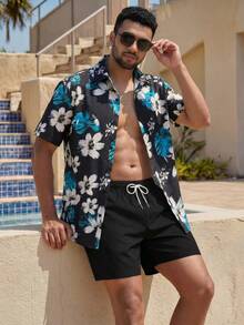 Manfinity Swimmode 男士印花短袖衬衫搭配抽绳短裤沙滩套装，夏季 - 彩色 - 查看 2