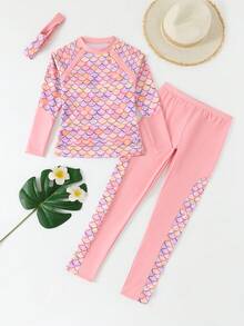 SHEIN Tween Girl Vacation Mermaid Scale Print Long Sleeve Top And Pants Casual Tankini Swimsuit Set