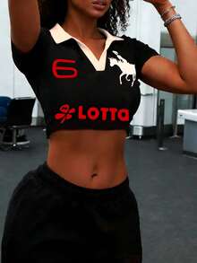 Rovax 修身短款 Polo 衫，街头风上衣，女式街头服饰，休闲女装，印花 T 恤，夏季，女士 T 恤，休闲时尚街头运动撞色包边 V 领上衣 - 黑色 - 查看 3